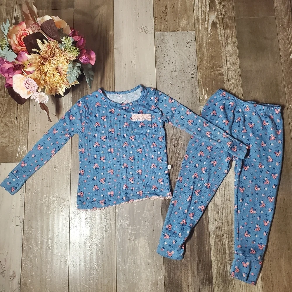 Daisy Fuentes Blue & Pink Floral Matching Pajama PJ Set Toddler Girl Size 3T EUC